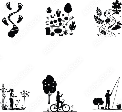 Outdoor Activity and Nature Silhouettes Featuring Six Black Icons of Footprints, Plants, Hiking Trail, Flower Picking, Cycling, and Fishing Arranged in Grid Layout for Adventure, Eco Lifestyle, and Re