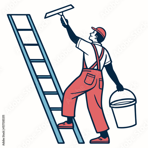 Person Cleaning Window on Ladder