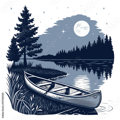 A serene moonlit scene of a canoe resting on a lakeside, bathed in the soft glow of a full moon, within a picturesque natural patch.