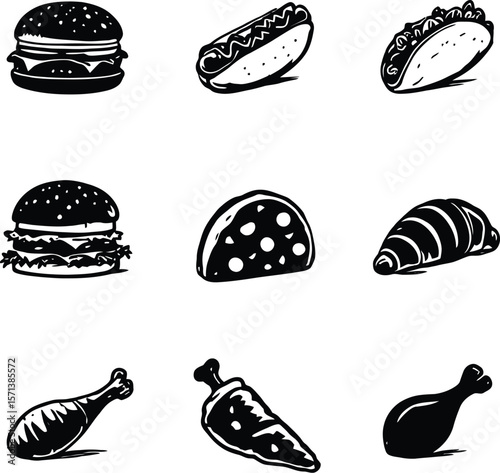 Fast Food and Snack Silhouettes Featuring Nine Black Icons of Hamburger, Hot Dog, Taco, Cheese Wedge, Croissant, and Chicken Drumsticks Arranged in Grid Layout for Culinary, Restaurant, and Street Foo