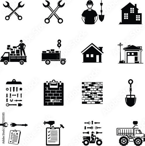 Construction and Tool Silhouettes Featuring Sixteen Black Icons of Wrenches, Screwdrivers, Workers, Trucks, Houses, Clipboards, and Brick Walls Arranged in Grid Layout for Industrial, Repair, and Buil