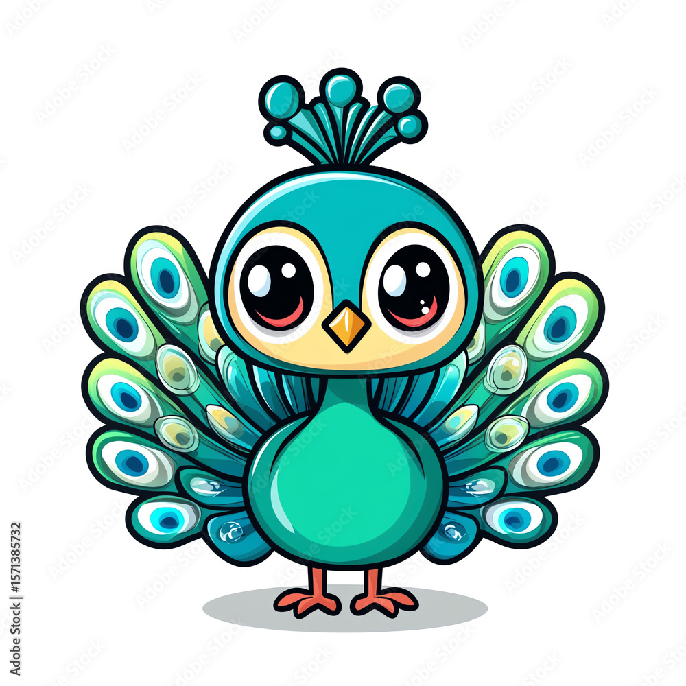 Fototapeta premium Adorable Cartoon Peacock: Vibrant Teal and Green Feathers, Big Eyes, Cute Baby Bird Illustration, Perfect for Kids' Products, Textiles, and More!