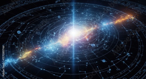 An intricate and mystical astrological chart combined with a glowing galactic core, blending science, astrology, and esoteric symbolism.