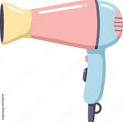 Colorful hair dryer with pink, blue, and yellow parts in simple flat design illustration