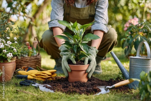 Full-body shot of a young woman planting a pothos plant in a clay pot while squatting on garden grass, surrounded by tools like gloves, trowel, watering can, and pruners in bright daylight