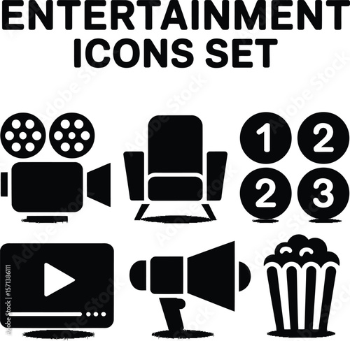 Entertainment Icons Set Featuring Six Black Silhouettes of Movie Camera, Theater Seat, Countdown Numbers, Video Player, Megaphone, and Popcorn Arranged in Grid Layout for Film, Media, and Leisure-Them