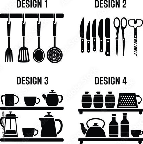 Kitchen Utensil and Shelf Silhouettes Featuring Four Black Vector Designs of Hanging Tools, Knives, Coffee Station, and Pantry Items Arranged in Grid Layout for Culinary, Domestic, and Food Preparatio