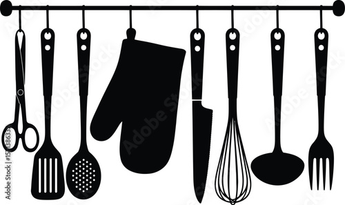 Kitchen Utensil Silhouettes Featuring Eight Black Icons of Scissors, Spatulas, Ladle, Whisk, Knife, Fork, and Oven Mitt Hanging from Rod in Horizontal Layout for Culinary and Cooking-Themed Design