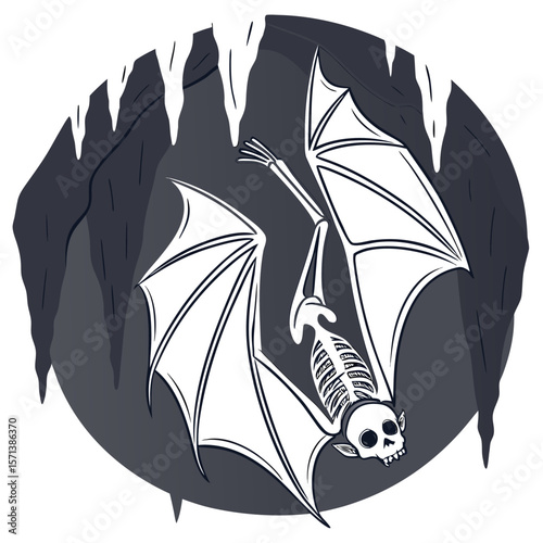 A stylized illustration of a white bat skeleton with large wings hanging upside down in a dark cave with icicles