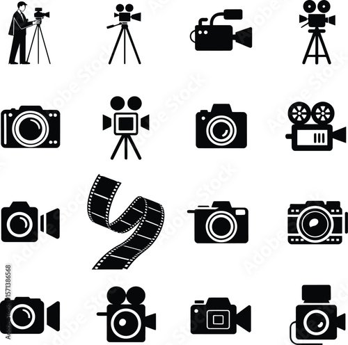 Photography and Filmmaking Silhouettes Featuring Sixteen Black Icons of Cameras, Tripods, Film Reels, and Video Equipment Arranged in Grid Layout for Media, Production, and Visual Arts-Themed Design