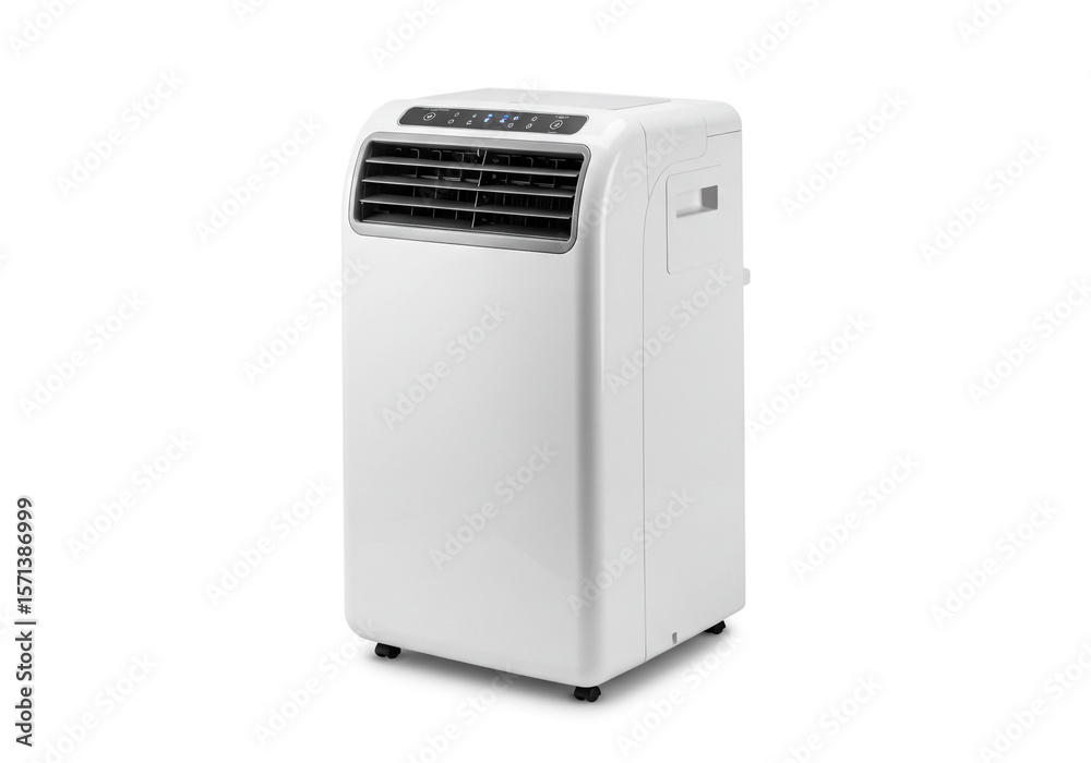 Fototapeta premium A portable air conditioner unit in white color isolated on a white background in a studio setting