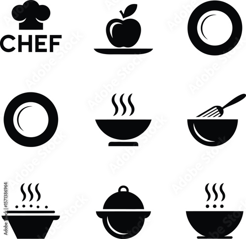 Cooking, Culinary, Chef Hat, Plates, Bowls, Steaming Pots, and Food Icons in Black Silhouette Vector Illustration Arranged in Grid Layout for Kitchen, Restaurant, and Comfort Meal Design Concepts
