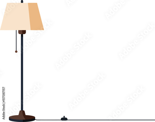 Floor lamp with beige shade and dark brown base standing on white background with visible black cord and switch
