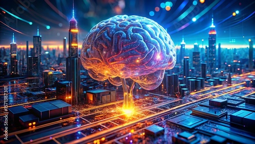 Digital brain AI interface cyberpunk style concept, Futuristic cityscape with a glowing brain representing technology and innovation.