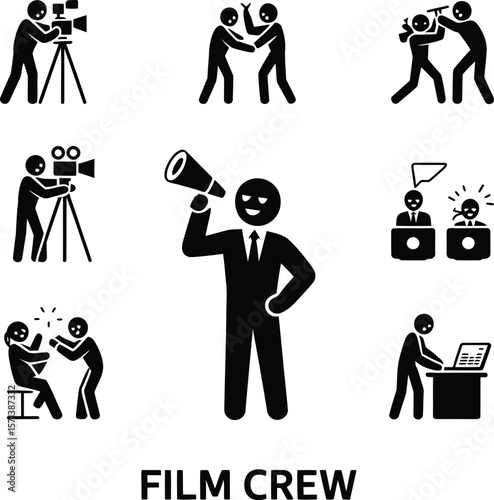 Film Crew Silhouettes Featuring Eight Black Icons of Director, Cameraman, Boom Operator, Makeup Artist, Actors, and Editor Arranged in Grid Layout for Movie Production and Entertainment-Themed Design