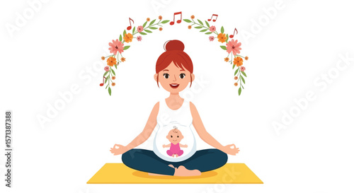Prenatal yoga meditation for pregnant women with music and flower decoration