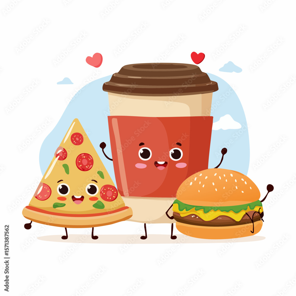 Cute Food Characters Pizza, Burger, Coffee Cup Vector Illustration Cute Food Characters Pizza, Burger, Coffee Cup Vector Illustration