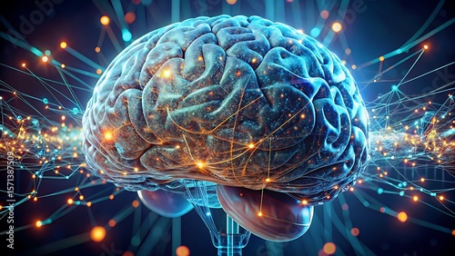 Digital brain AI interface cyberpunk style concept, Digital artwork depicting a brain surrounded by glowing neural connections and vibrant energy.