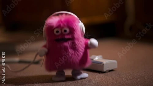 Pink furry creature listens to music while standing next to a game console in a cozy indoor setting