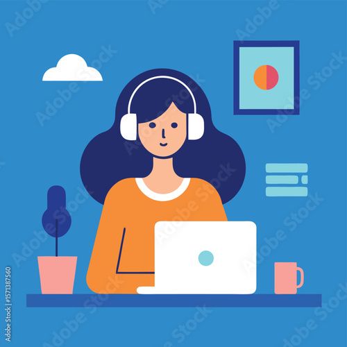 Woman Working Remotely With Headphones and Laptop in a Home Office Setup