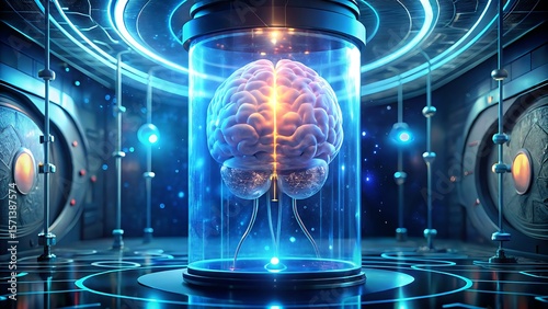 Digital brain AI interface cyberpunk style concept, Futuristic depiction of a brain encased in glass within a high-tech environment, blending science and technology.
