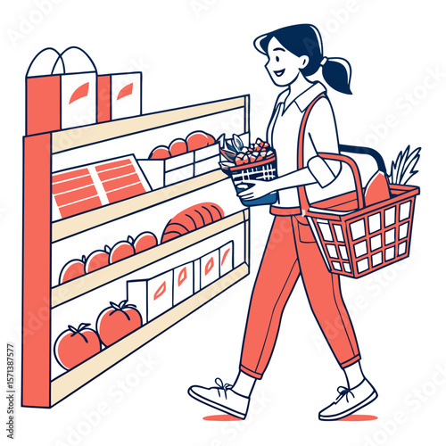 Woman Grocery Shopping with Basket and Produce