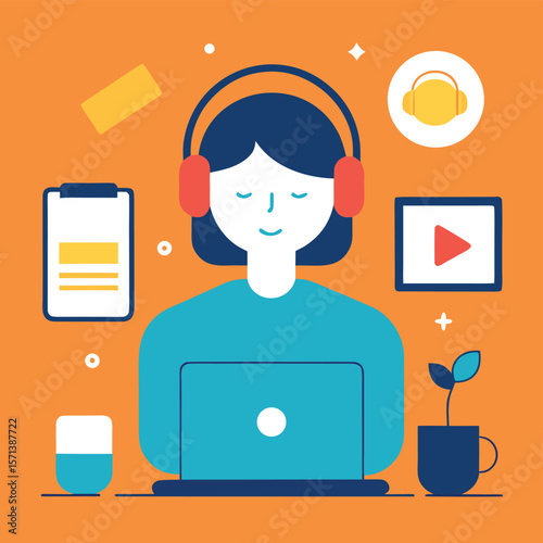 Woman Enjoying Multimedia Content and Working on Laptop with Headphones