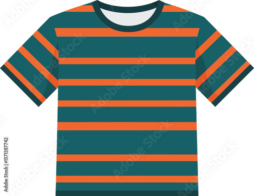 Striped t-shirt with orange and dark teal horizontal lines isolated on white background casual clothing design