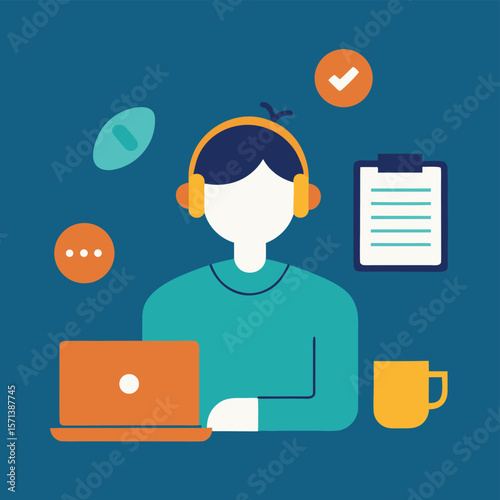 Person Working or Learning Online with Laptop Headphones and Task List