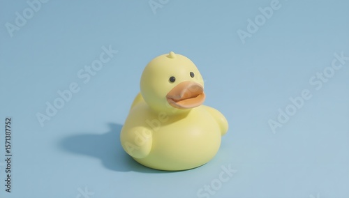 Bright yellow rubber duck toy on a simple blue background