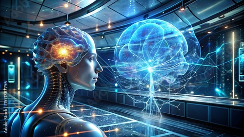 Digital brain AI interface cyberpunk style concept, A futuristic humanoid figure interacts with a glowing brain in a high-tech environment.