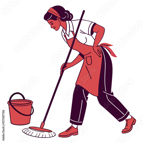 Woman Mopping Floor with Mop and Bucket, Retro Illustration