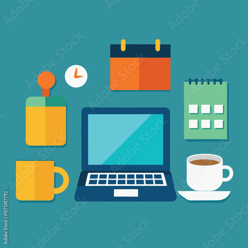Organized Workspace with Laptop Calendars and Productivity Tools