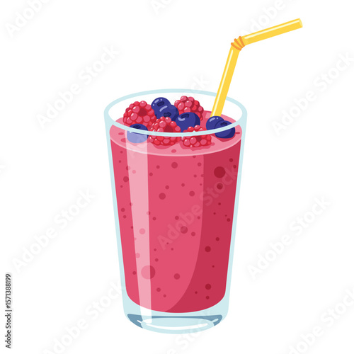 Berry smoothie in a glass with straw and fresh fruit on top  