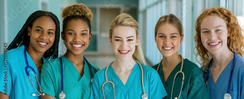 Group of Young Female Nurses Standing and Welcoming as a Healthcare Team in Hospital