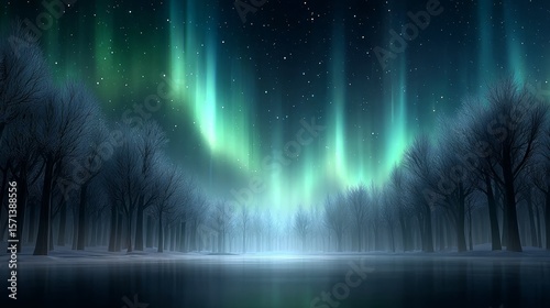 Northern lights dancing over a snow-covered forest in a vivid winter landscape featuring nature's artistry
