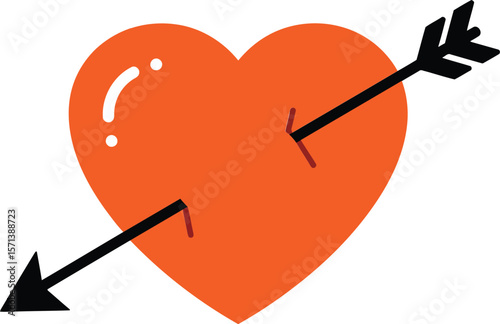 Heart pierced by arrow symbolizing love and romance with simple orange design and black arrow silhouette