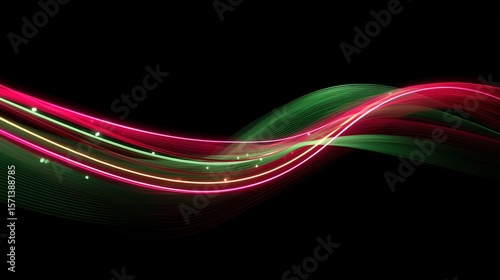 Flowing neon light lines in green, red, and yellow colors on a black background, creating a glowing wave pattern