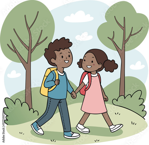 Happy children walking hand-in-hand in a park.