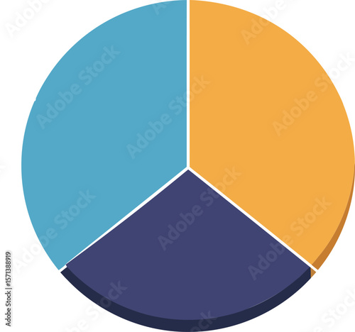 Simple three-part pie chart with blue orange and navy blue segments for data visualization and analysis