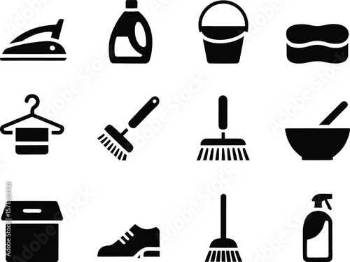 Household Cleaning Icons Collection Featuring Iron, Mop, Bucket, and More in Black Silhouette Grid Layout