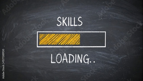 Progress bar sketched on a chalkboard with the words 'skills loading' symbolizing ongoing personal development, career growth, and continuous learning