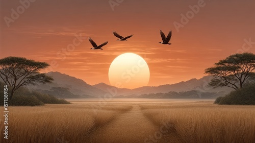 Serene sunset over the savanna nature's vibrant display landscape photography tranquil environment majestic viewpoint peaceful golden hour