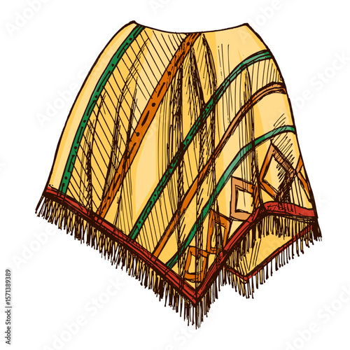 Hand-drawn colored sketch of realistic mexican poncho.⁠
