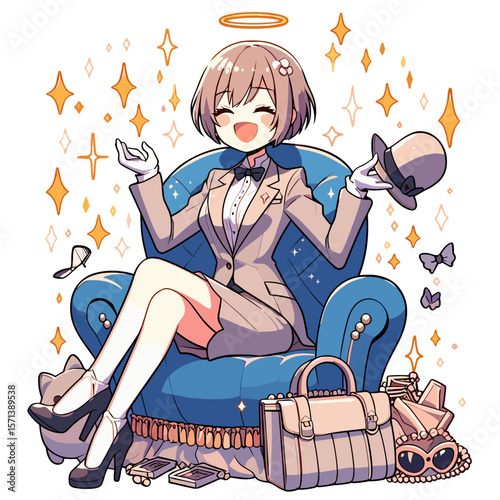 Cheerful girl in stylish outfit sitting on blue armchair with accessories  