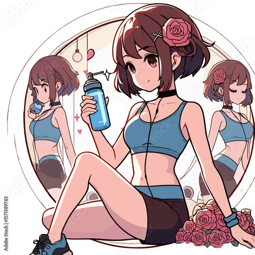 Young woman exercising and drinking water in fitness studio  