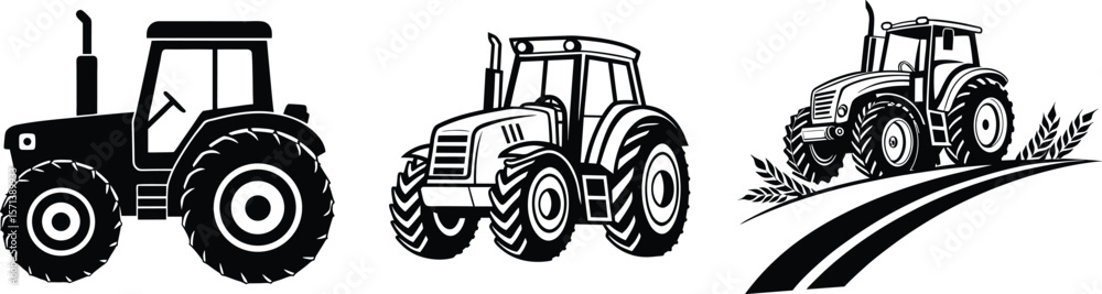 Obraz premium Set of Stylized Tractor Vector Illustrations in Black. Tractor Silhouette Vector Set for Farming and Agriculture. 