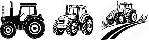 Set of Stylized Tractor Vector Illustrations in Black. Tractor Silhouette Vector Set for Farming and Agriculture. 