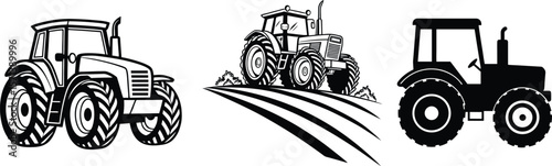 Set of Stylized Tractor Vector Illustrations in Black. Tractor Silhouette Vector Set for Farming and Agriculture. 