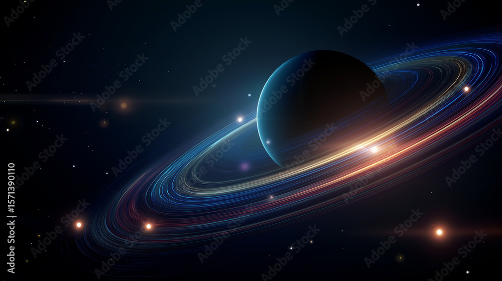 Obraz premium A stunning cinematic space scene featuring colorful planetary rings floating in the darkness of space. Surrounded by glowing lights and distant stars